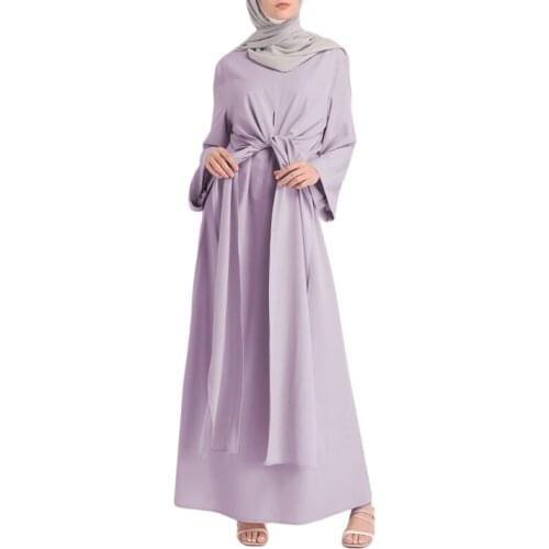 Women Dubai Abaya Muslim Clothing Islamic Kaftan Fake 2 Piece Bandage Maxi Dress Eid Arab Turkish Solid Color Robe