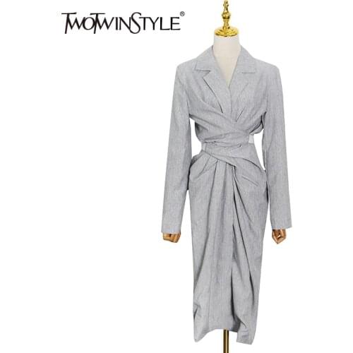 TWOTWINSTYLE Patchwork Ruched Dress For Women Notched Long Sleeve High Waist Lace Up Mid Dresses Female Clothes 2021 New Stylish