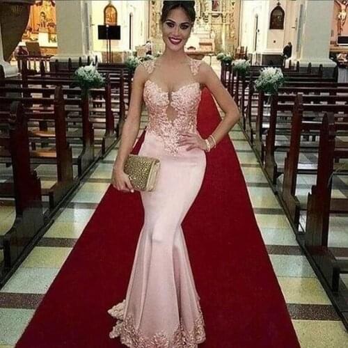 Pink Prom Dresses Mermaid Cap Sleeves Appliques Lace Beaded See Through Long Prom Gown Evening Dresses Robe De Soiree