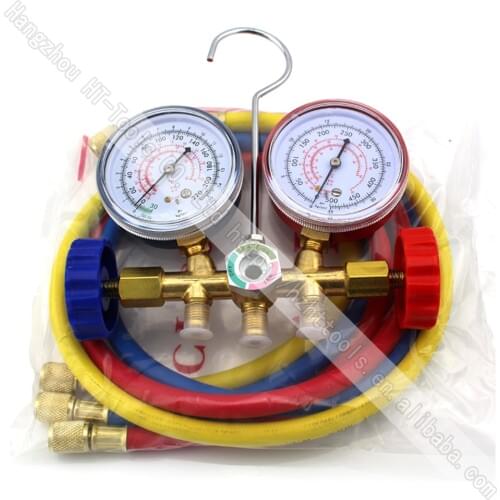 1Pcs R134A R12 R22 R502 Refrigerants Manifold Gauges Tools Set Double Table Valve Three Colored-hoses Air Conditionin Car-Stying