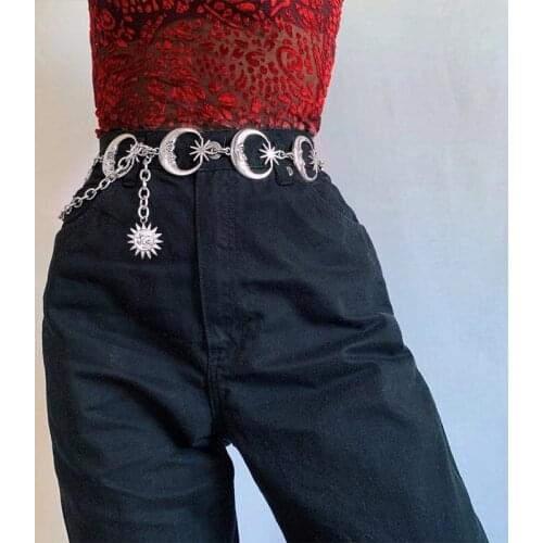 2020 Silver Sun Punk Moon Pants Chain Gothic Women High Waist Metal Chain Women Vintage Sliver Pendant Belts