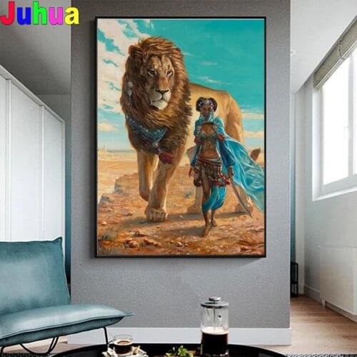 Africa Wild Lion with Girl 5D DIY Diamond Painting Full drill animal Diamond Embroidery Mosaic office decor drop shipping