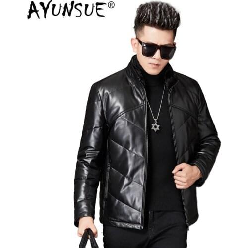 AYUNSUE Genuine Real Leather Jacket Men Winter Sheepskin Coat Plus Size Mink Fur Collar Short Warm Mens Down Jackets 9010
