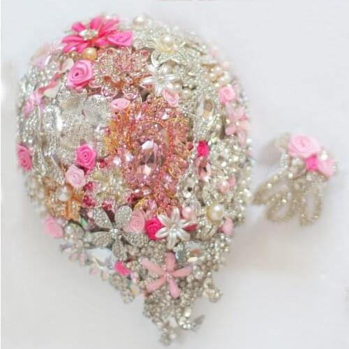 Bride Drop Brooch bouquet custom made Wedding Pink & deep pink Jewelry Bride 's bridal bouquets gift Wrist flower