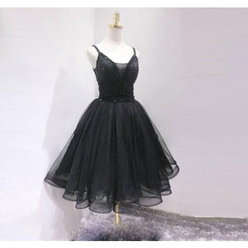Black Elegant Homecoming Dress V-Neck Spaghetti Strap Sequins Ruffles Tulle Ball Gown Women Short Cocktail Party Vestidos Gowns