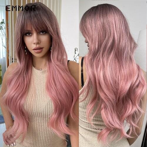 Emmor Long Wavy Wigs with Bangs Cosplay Natural Ombre Black Brown Pink Synthetic Hair for Women High Temperature Fiber Wig