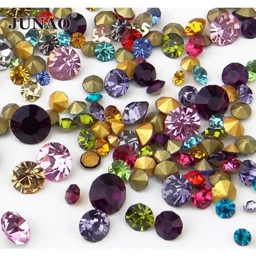 JUNAO 1100pcs SS6 10 16 30 Mix Size Mix Color Pointed Back Glass Crystal Rhinestone Round Strass Diamond Nail Art Decoration