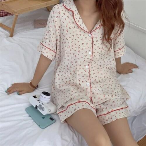 Summer2PCS Sweet Cherry Print Pajamas Suit Cotton Female Tops Short Sleeve Ladies Casual Home Set Sleepwear Homewear Girls Women