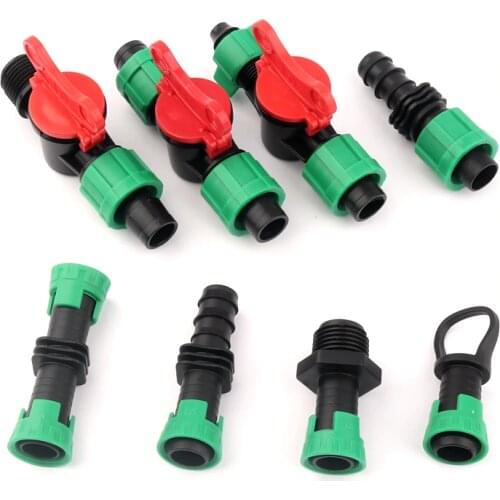 5Pcs/Lot 16mm Micro Irrigation Drip Tape Connectors Thread Locked Shut-Off Valve Elbow Tee Agricultural Drip Irrigation Fittings
