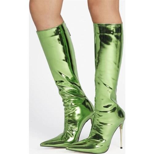 Reflective Mirror Leather Dress Boots Back Zipper High Heel Boots Knee High Winter Women Boots Customized Big Size 47