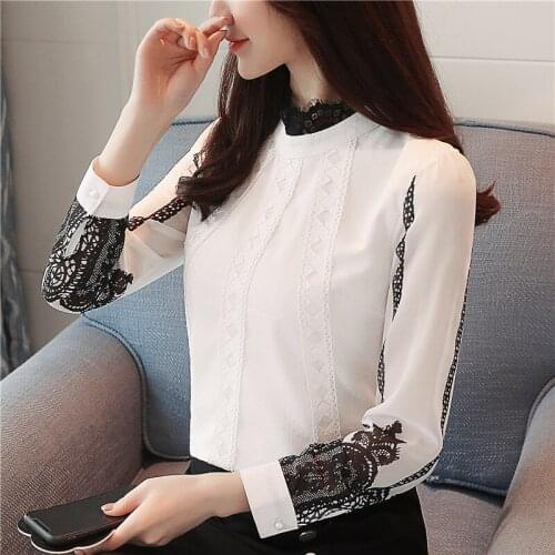 Camisa de Manga longa Mulheres Chiffon Blusa Moda Outono Partes Superiores das mulheres e Blusas 2019 Blusa de Renda