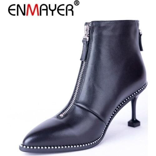 ENMAYER Women Ankle Boots Short Boots Women Pointed Toe Shoes Woman Thick Heels Lace Up Short Plush Med Heels Size 33-40 CR1968