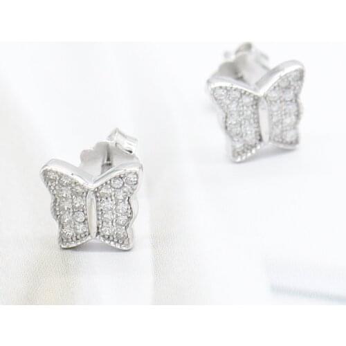 925 Sterling Silver Butterfly Stud Earrings Flying Together with you CZ Earrings for Women Lover Wedding Engagement Jewelry