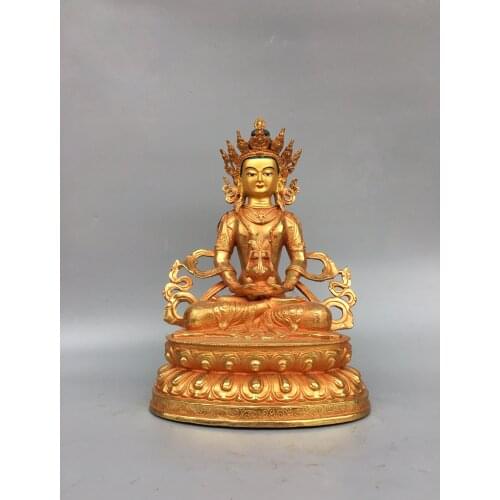 13" Tibet Buddhism Old Bronze Gilt Cinnabar Longevity Buddha Buddha statue Immortal Life Wisdom Tathagata Enshrine the Buddha