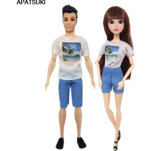 2sets/lot White Blue Daily Casual Couple Clothes For Barbie Doll Accessories Boy Doll Clothes For Ken Doll Gift 1/6 Kids Toy