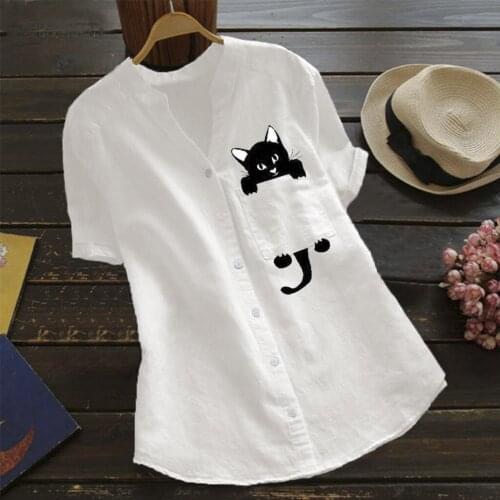 Kawaii Shirt Short Sleeve Cute Cat Shirt Linen Women Tshirt Summer White T-shirt Femme Camisetas Mujer 2021 Ropa Kawaii Clothes