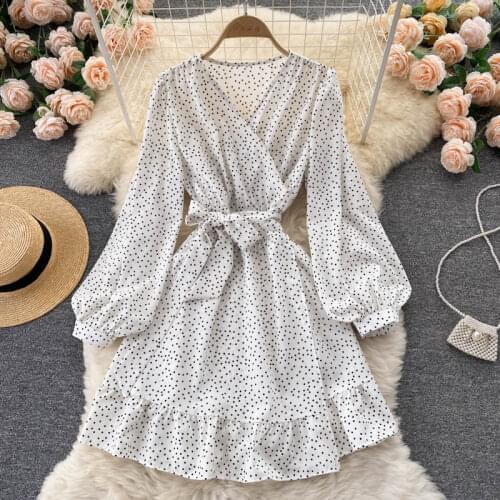 Croysier Autumn Long Sleeve Dress Women 2021 Fashion Vintage Elegant V Neck Ruffle Hem Wrap Dress Polka Dot Casual Mini Dress