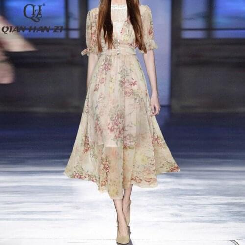 Qian Han Zi designer fashion runway summer long dress elegant Flower print Stitching lace Chiffon Maxi dress 2021 women new