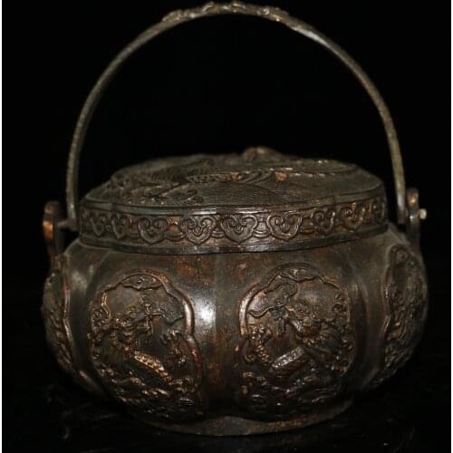 Home Decor 6" Tibet Buddhism Old Bronze Lacquer Cinnabars Dragon and phoenix pattern Tiliang Incense Burner Hand warmer Vintage