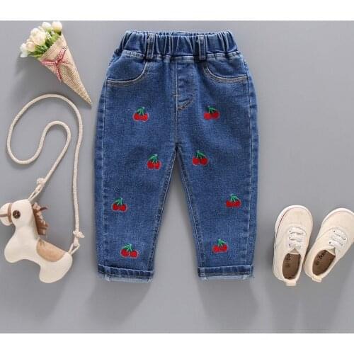 IENENS 2-6Y Kids Jeans Girl Denim Pants Spring Fall Casual Long Pants Embroidery Cherry Slim Trousers Child Clothing