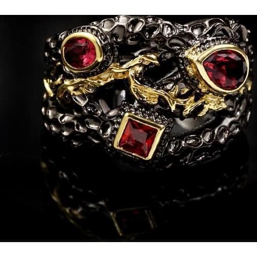 Retro Fashion Two-color Electroplating Red Zircon Ring Creative Geometric Black Gold Ring 925 Silver Jewelry Jewelry