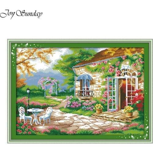 Joy Sunday Romantic Backyard Garden Embroidery Kits Printed Cross Stitch Kits DMC Needlework Chinese Cross Stitch Kit Home Decor