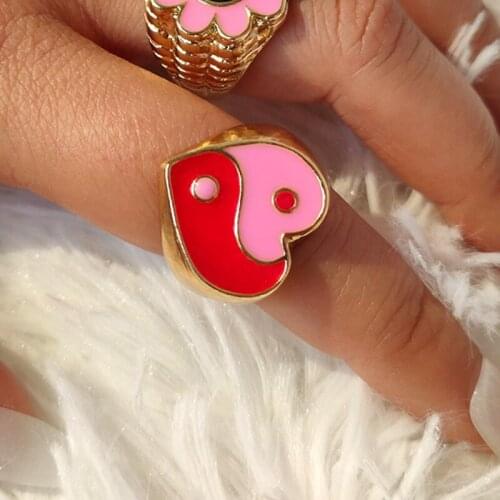 2021 New Retro Taoist Bagua Yin Yang Tai Chi Rings Colorful Enamel Love Heart Thick Metal Rings For Women Girl Jewelry Wholesale