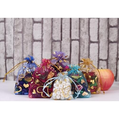 Free Shipping 100 piece White Heart Organza Wedding Gift Bags & Pouches11x16cm Tulle Jewelry Packaging Bags