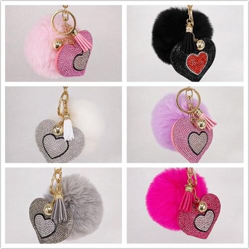 Pompom Keychain Rhinestone Heart Womens Bags Key Ring Handmade Accrssories Keychains Pendants Charming Suspension Decoration