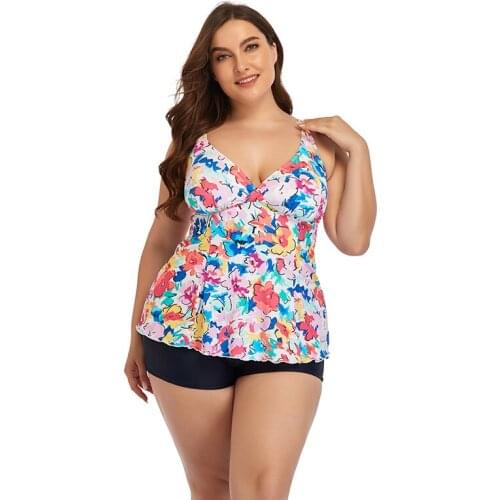 Plus Size Floral Print Tankini with Boxer Shorts Two Piece Set Swimsuits for Women Swimwear Tummy Control Bathing Suits 3XL 4XL