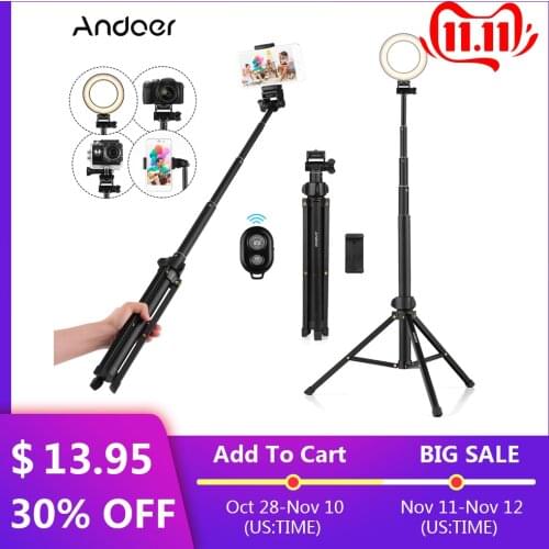 Andoer 1.5m/59" 2-in-1 Tripod Stand + Extendable Selfie Stick Aluminum Alloy with Phone Holder Remote Shutter for iPhone Android