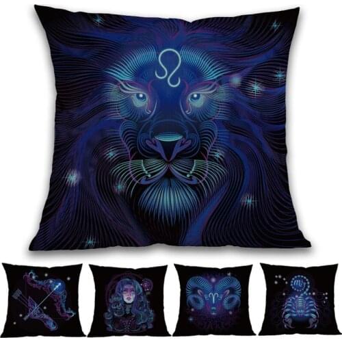 Dark Background Twelve Constellations The Signs Of The Zodiac Purple Blue Line Pattern PillowCase Sofa Decoration Cushion Cover