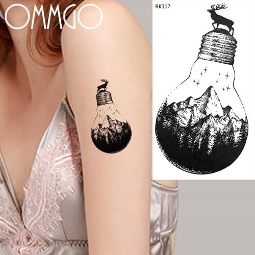 OMMGO Bulb Mountain Peak Temporary Tattoos For Women Men Sticker Fake Tattoo Custom Tatoos Elk Deer Body Art Arm Forest Black