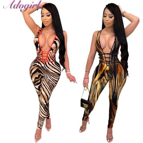 Sexy Tiger Print Halter Sleeveless Bandage Night Party Club Bodycon Jumpsuit Women 2020 Lace Up Backless Outfit Rompers Overalls
