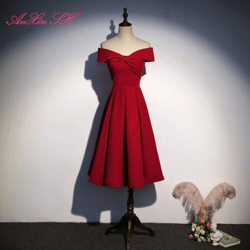 AnXin SH princess wine red satin short evening Dress vintage party boat neck big bow bride lace up a line long evening dress