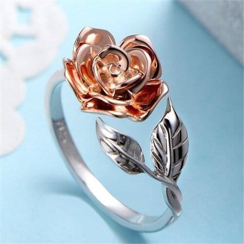 Modyle 2020 New Brand Silver Color Leaf Rose Gold Color Rose Flower Wedding Engagement Open Ring for Woman