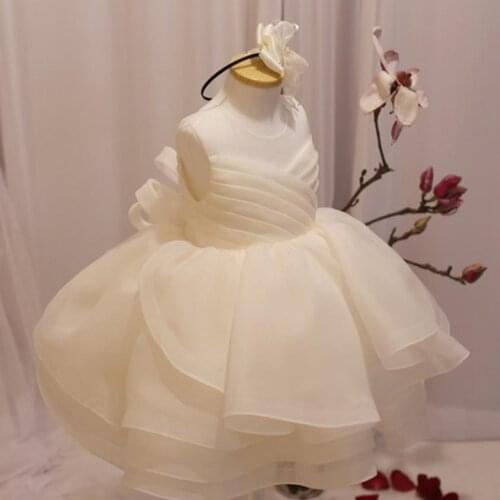 Summer New White Ceremony Gown Bow Mesh Stitching Sleevless Birthday Party Elegant Princess Christening Dress For Baby Girl A564