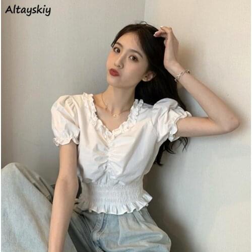 Blouses Women Tops Solid Korean Style Puff Sleeve Leisure Trendy Ruffles Summer All-match V-neck Cropped New Female Popular Chic