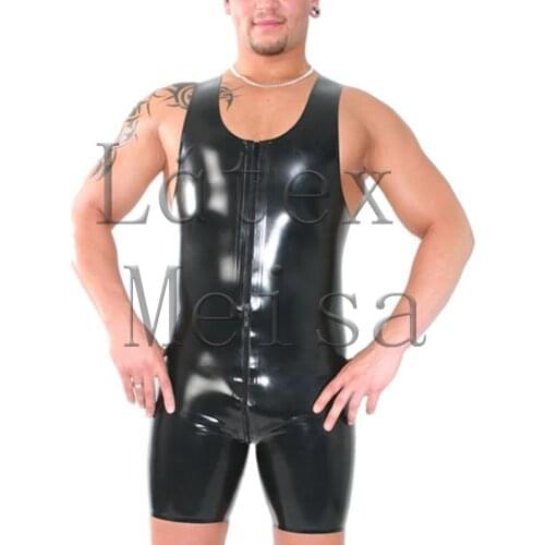 Black vest zentai mens leotard sleeveless latex catsuit with front zip to back waist