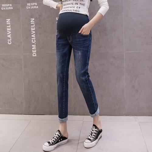 Pregnant womens denim trousers spring and autumn waist protection pregnant womens feet pants thin stretch slim fashion jeans