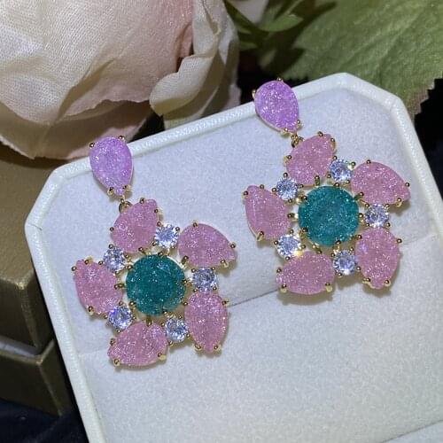 EYER Fashion Flower Ice Broken Cubic Zirconia Luxury Elegant Dangle Bridal Shiny Earrings for Women Vintgage Wedding Jewelry