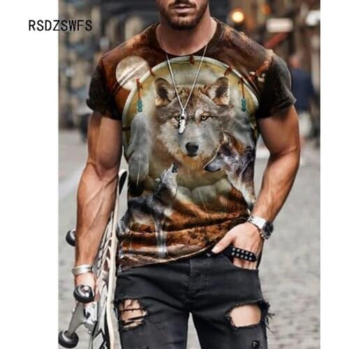 Summer Mens T-shirt Street Fashion Animal wolf head print 3D T-Shirt Mens Large Size Casual Short Loose Pullover T-Shirt