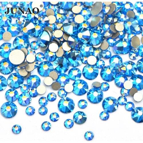 JUNAO Mix Size SS10 SS16 SS20 Capri Blue AB Glass Nail Rhinestone Flat Back Nail Art Crystal Stone Round Strass Stickers for DIY