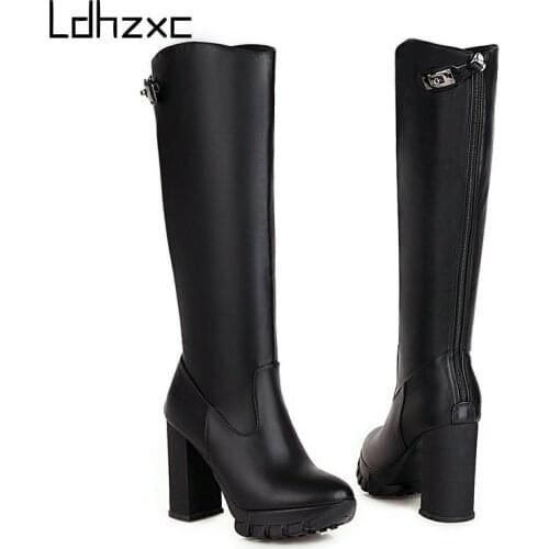 LDHZXC Size 33-43 Fashion Black Knee High Boots Genuine Leather Boots High Heels Round Toe Zip Women Boots Ladies Shoes