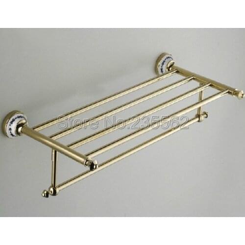 Gold Polished Brass Bathroom Wall Mounted Towel Rail Holder Shelf Storage Rack Double Towel Rails Bar Lba256