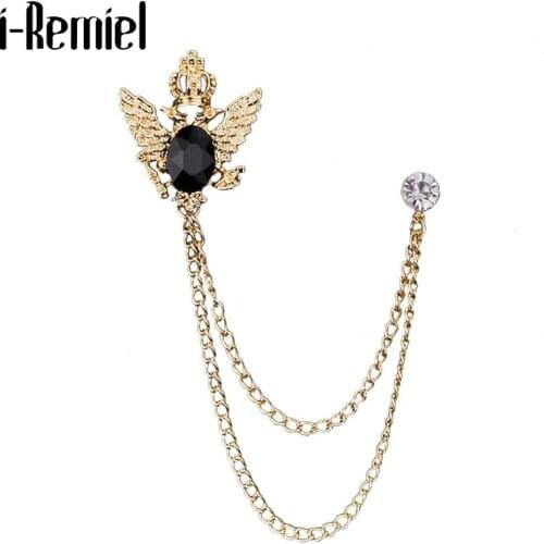 New Vintage Tassel Chain Crystal Brooch Metal Lapel Pin Eagle Wing Pins and Brooches Suit Shirt Collar Jewelry Gifts for Men