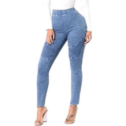 Autumn Winter Fitness Skinny Denim Jeans Women Casual Pencil Pants Pleated Stretch Elastic Waist Jean Bodycon Trousers XS-XXL