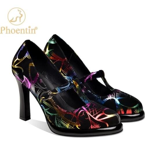 Phoentin T Cross Strap Lady Pumps Heel Colorful Platform Shoes Leather Print Buckle Shoes For a Wedding 2021 New Fashion FT1348