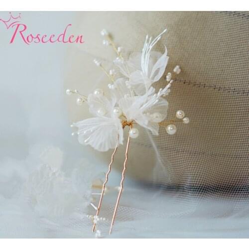 White Silk Yarn Flower Pearls Hair Sticks Wedding Hair Pins Clips Bridal Hair Jewelry Accessories RE4171