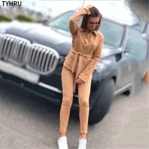 TYHRU Autumn Spring Womens Tracksuit Suede Solid Color Shirt Collar Single Breasted Belt Elastic 2 Pieces Pant Suit